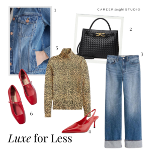 Jean jacket, leopard turtleneck, red flats, black purse and wide leg jeans